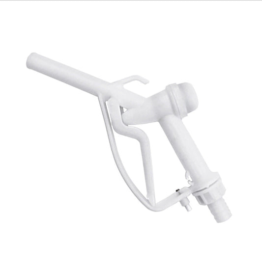 White fuel gun with 3/4" barb inlet and 25mm outlet, trigger handle