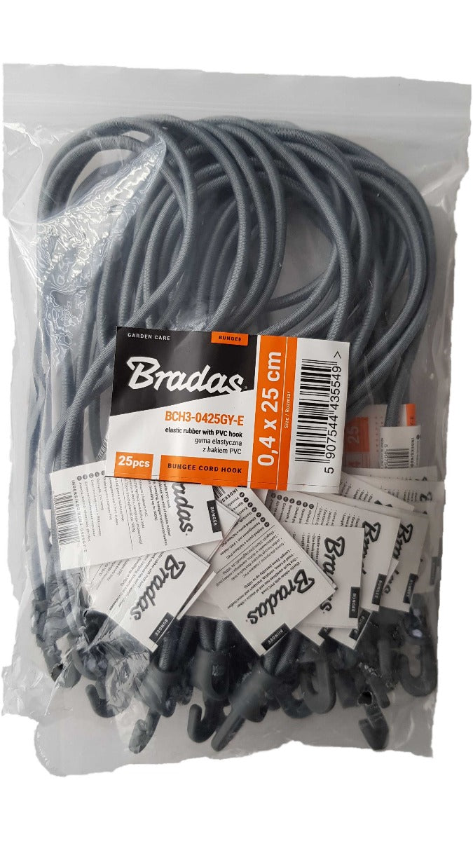 25 cm bungee cord with metal hook, dark gray elastic rope, in pack