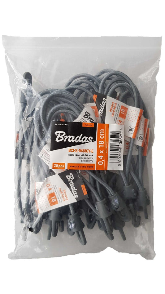 Bungee cord with hook, 18 cm, bulk pack with black elastic cords in plastic bag