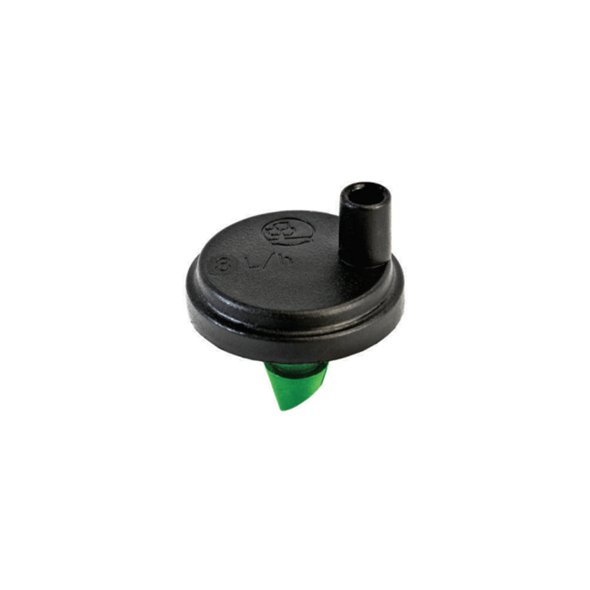 Black turbulent flow dripper with green insert and barbed inlet stub