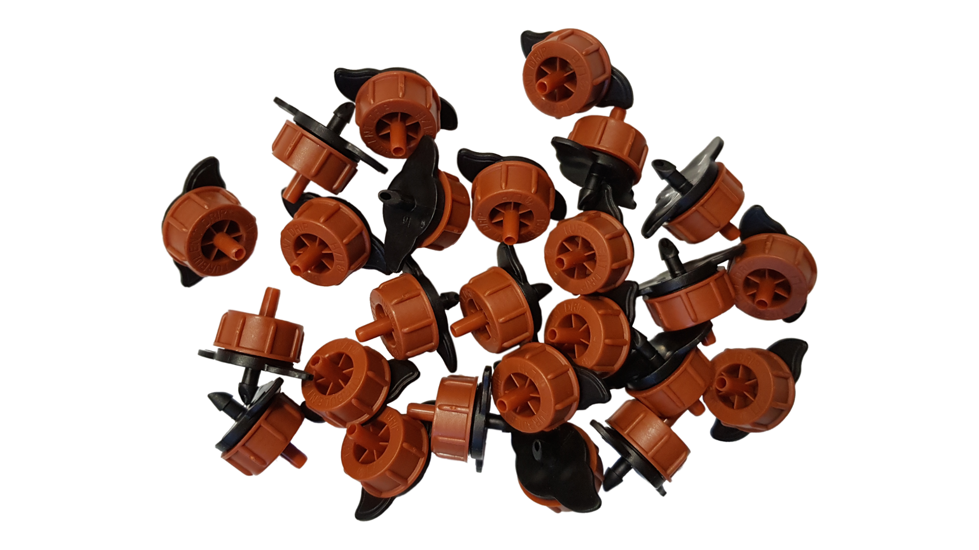 Pack of orange non-pressure-compensating drippers with black spikes