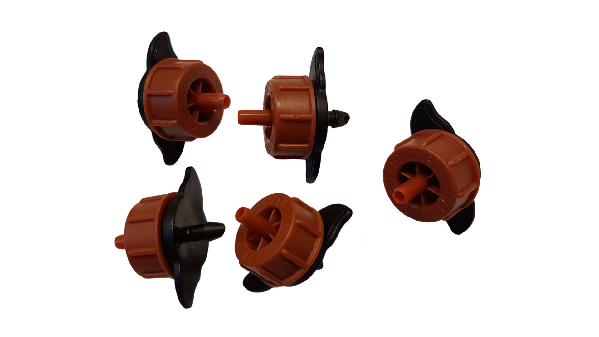 Assorted orange non-pressure drippers with black stakes, side view