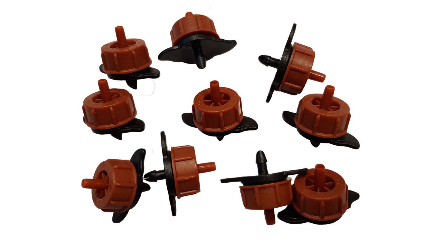 Bulk set of orange non-pressure drippers with black caps and stakes