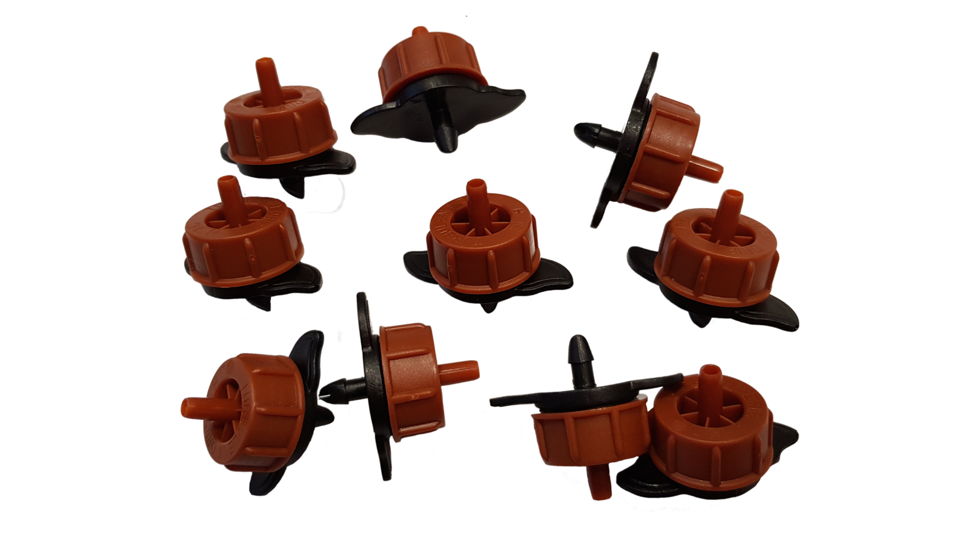 Bulk set of orange non-pressure drippers with black caps and stakes
