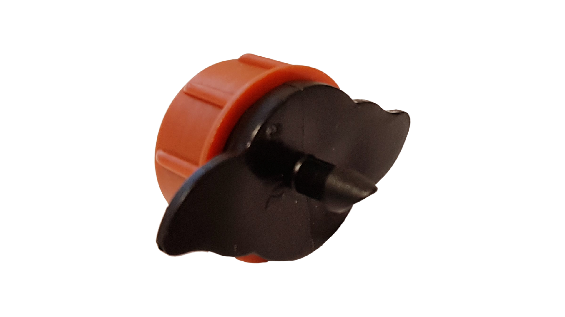 Orange dripper with black central flow insert and mounting fins