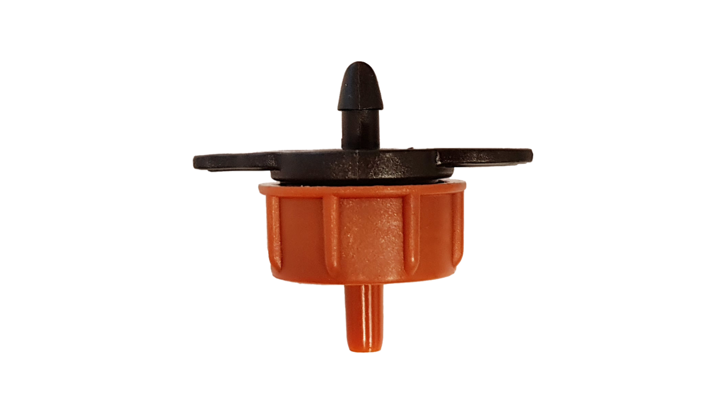 Non-pressure dripper with orange base, black cone, and side clips