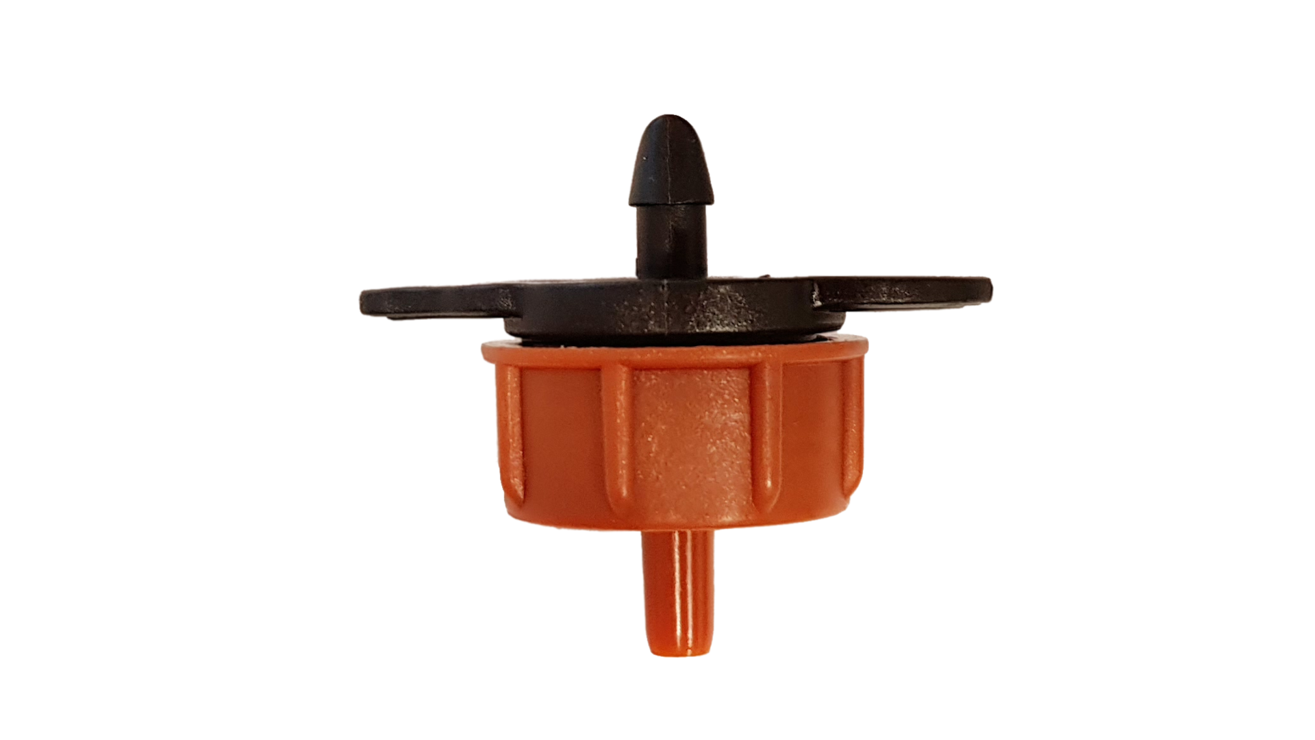 Non-pressure dripper with orange base, black cone, and side clips