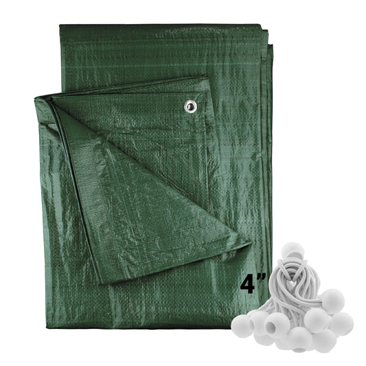 Green tarpaulin sheet with grommet and fold, with 4" white bungee balls set