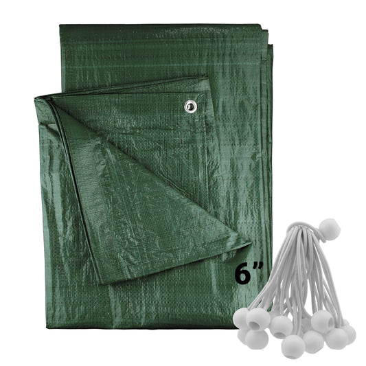 Green tarpaulin with grommet, folded corner, 6" label, and white bungee balls