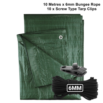 Green tarpaulin with 6mm bungee rope and screw-type tarp clips set