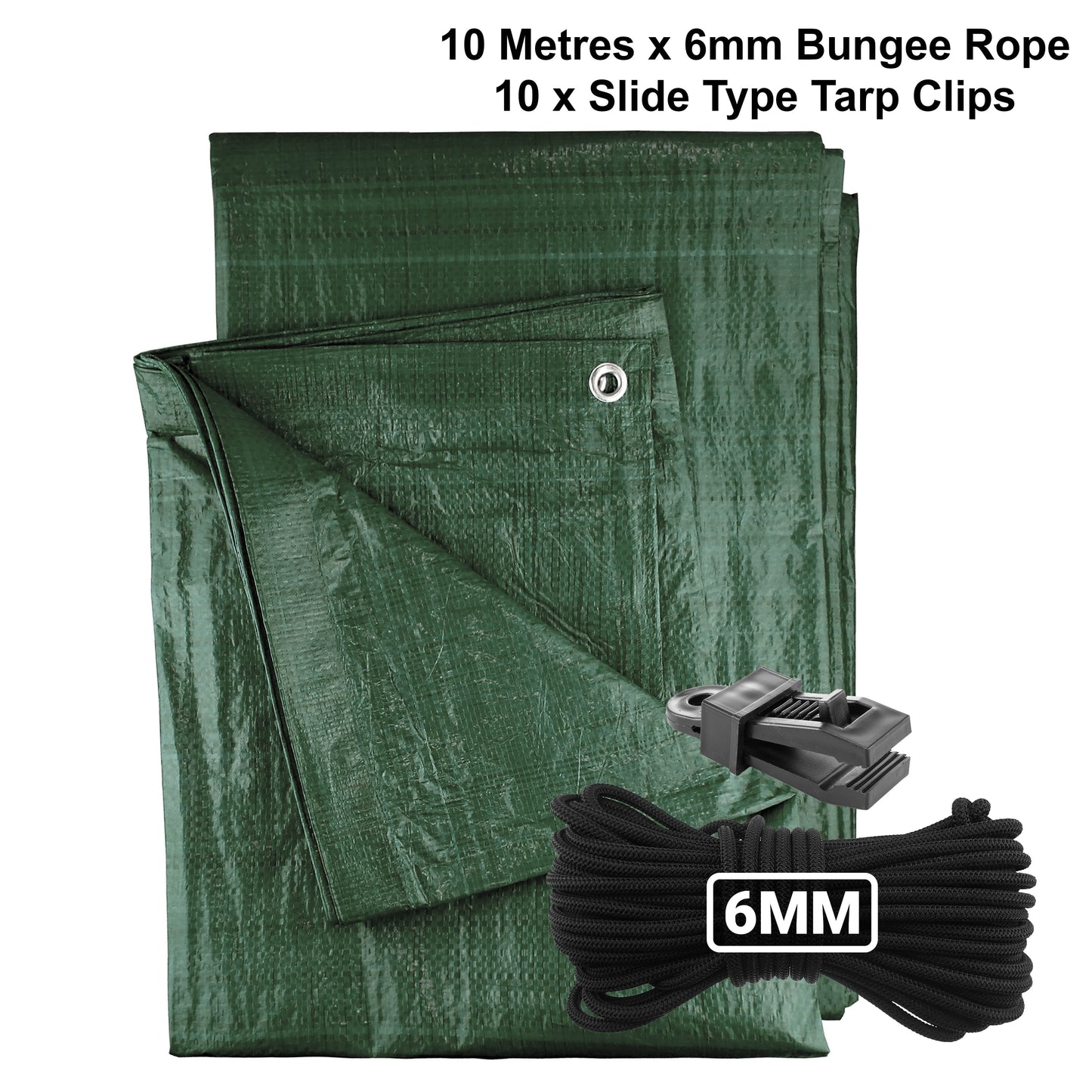 Green tarpaulin with 6mm bungee rope and 10 slide tarp clips, 10m set