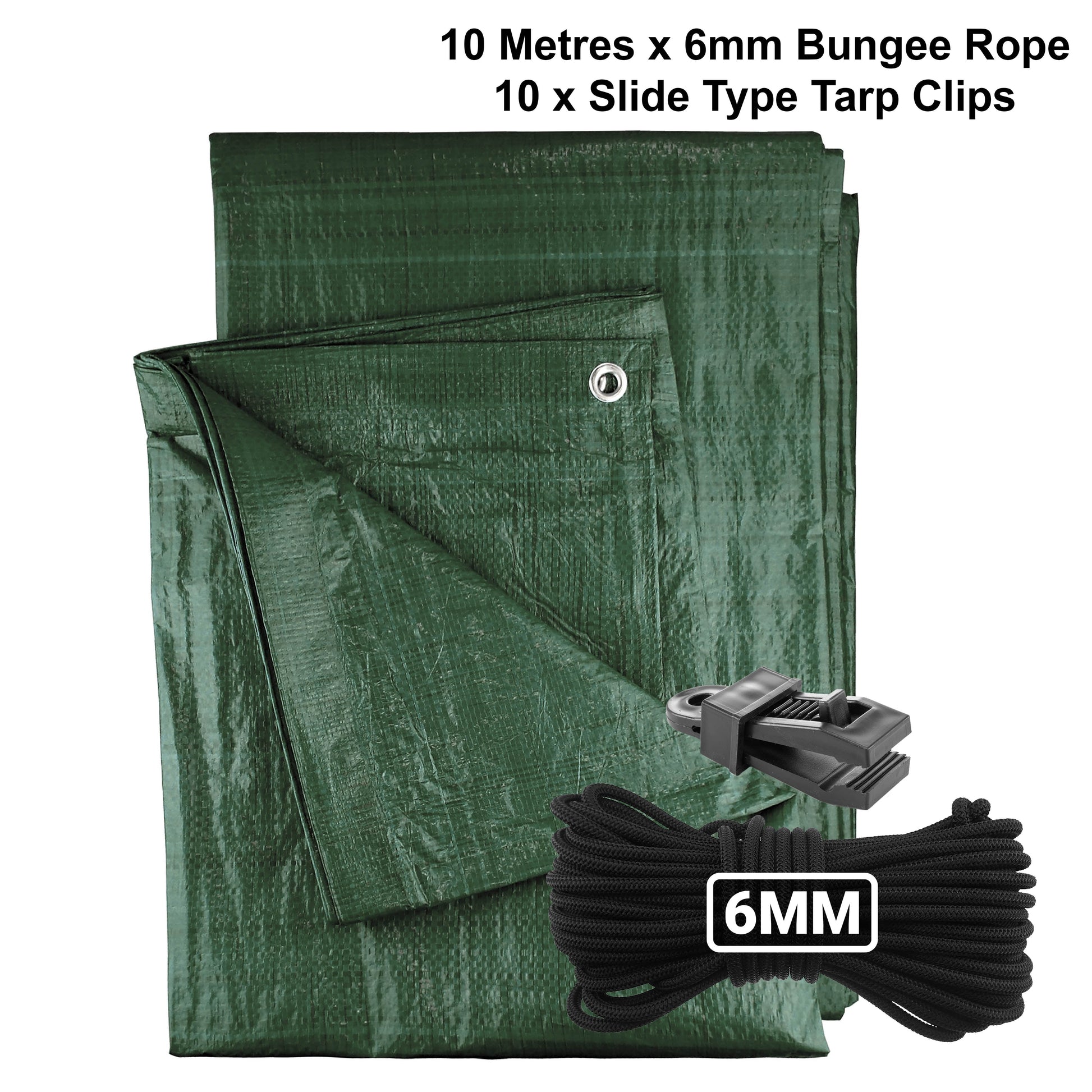 Green tarpaulin with 6mm bungee rope and 10 slide tarp clips, 10m set