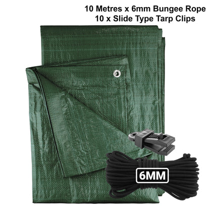 Green tarpaulin with 6mm bungee rope and 10 slide tarp clips, 10m set