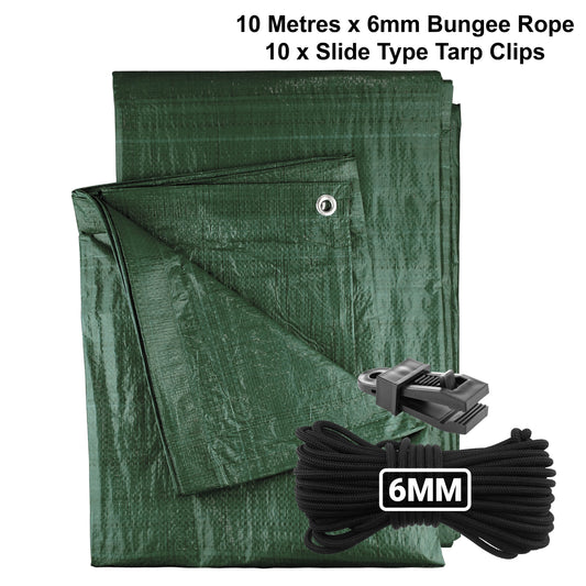 Green tarpaulin with 6mm bungee rope and 10 slide tarp clips, 10m set
