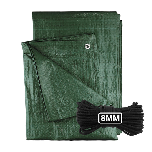 Green tarpaulin with grommet and 8mm bungee rope, folded