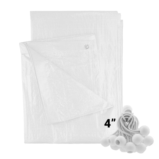 White tarpaulin sheet with white 4" bungee balls and cords