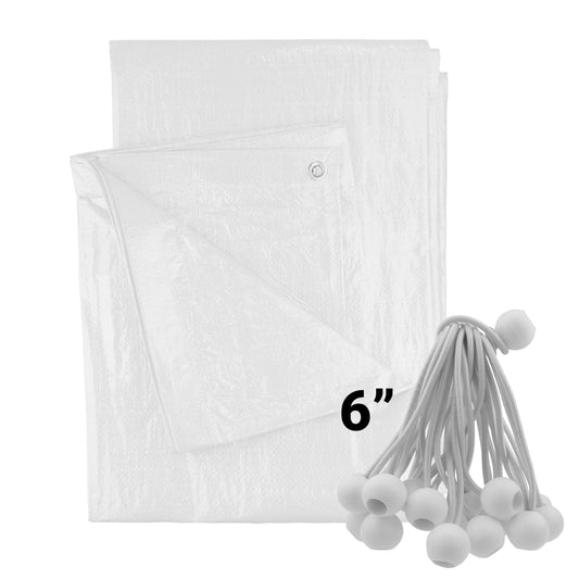 White tarpaulin sheets with white bungee balls, 6" shown