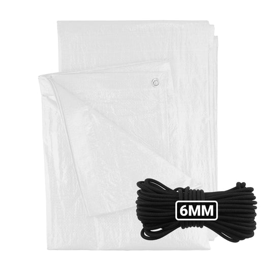White tarpaulin sheets with 6mm black bungee rope tied alongside