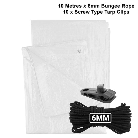 White tarpaulin sheets with black 6mm bungee rope and screw tarp clips set