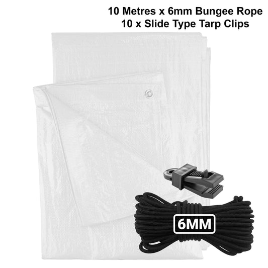 White tarpaulin sheets with 6mm bungee rope and slide tarp clips (set)