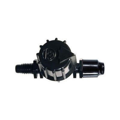 Antelco Vari-Jet 90° black cap mixing valve, side view with threaded inlet