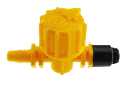 Yellow 90° jet sprinkler head with black connector, close-up view