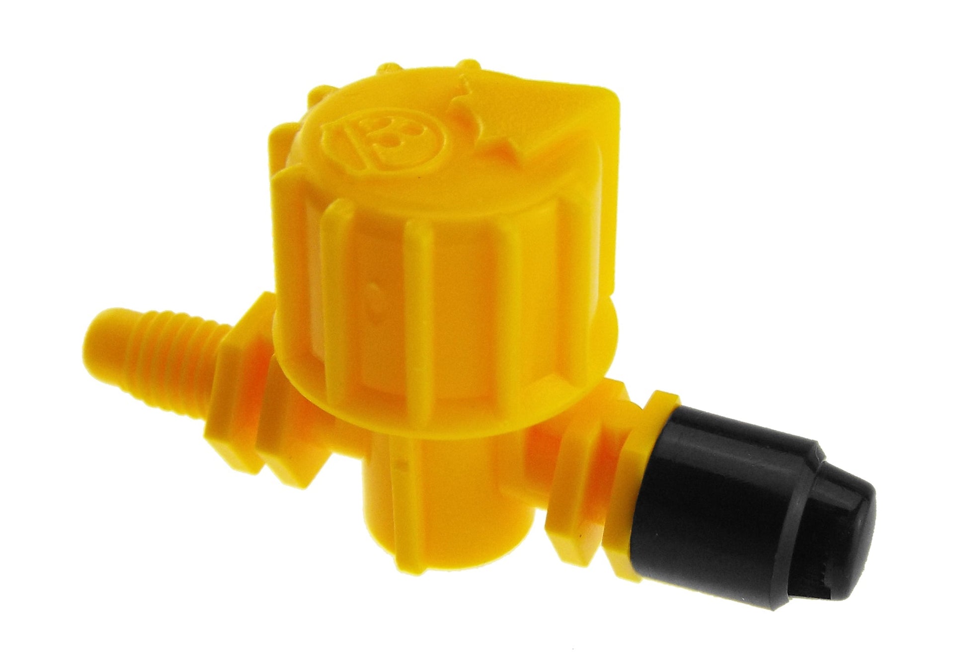 90° jet sprinkler connector with ridged yellow body and black hose fitting