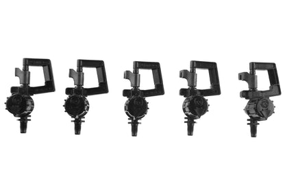 Five black Vari-Rotor Spray 1.5mm bases, rotor heads with threaded spray stems
