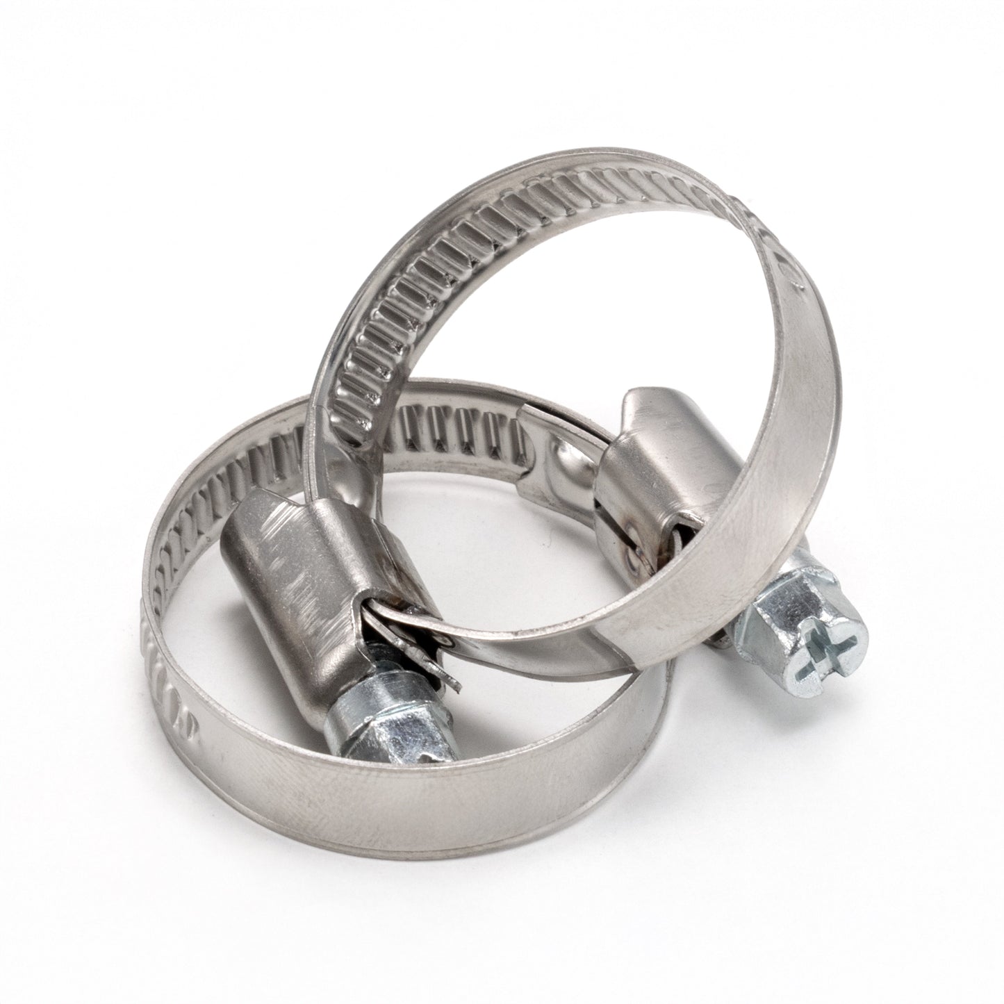 Two-loop A2 hose clip view showing perforated band and screw head