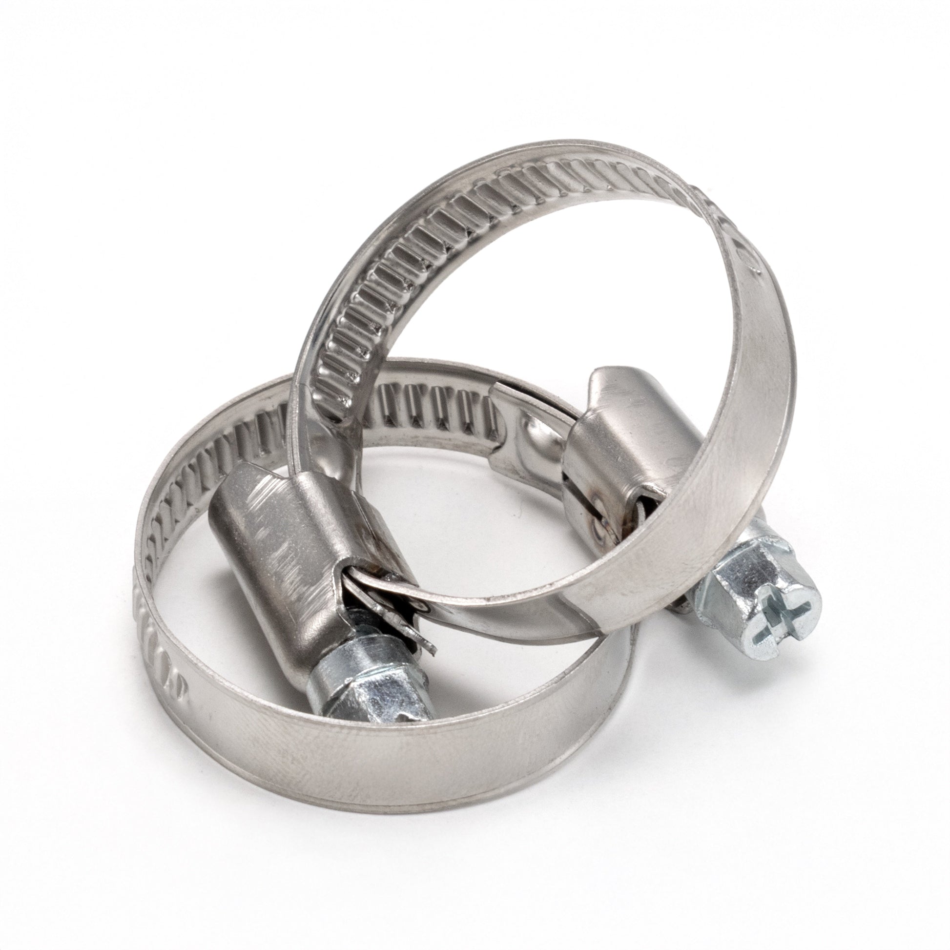 Two-loop A2 hose clip view showing perforated band and screw head