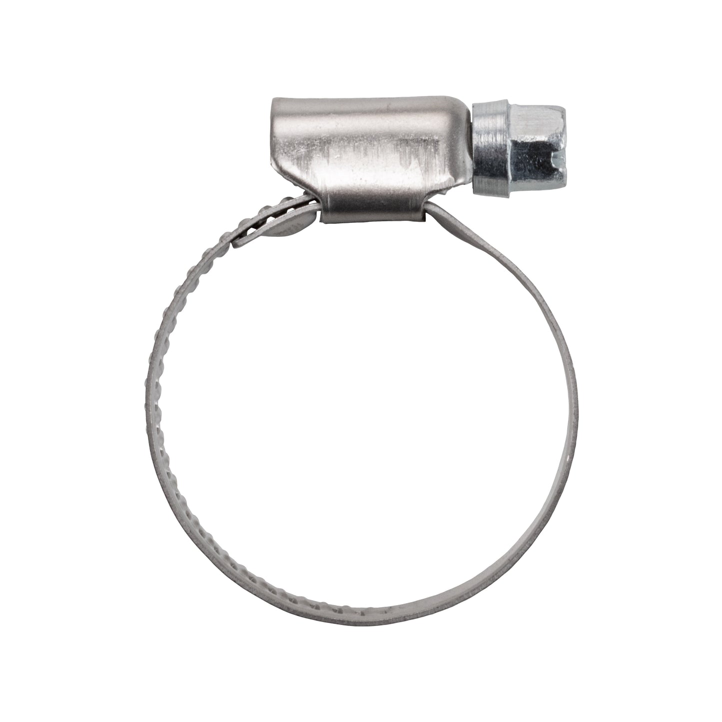 A2 hose clip end view with cylindrical band housing and hex screw