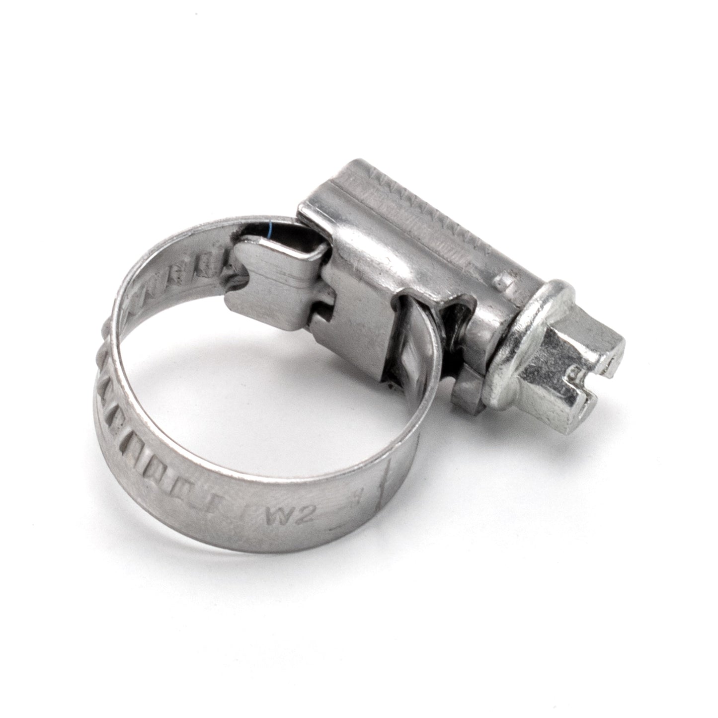 A2 hose clip, silver circular band with worm-drive locking mechanism