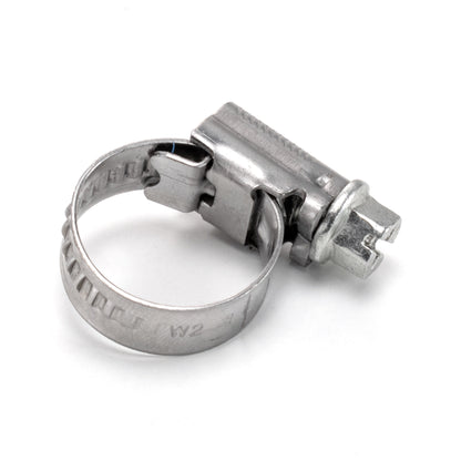 A2 hose clip, silver circular band with worm-drive locking mechanism