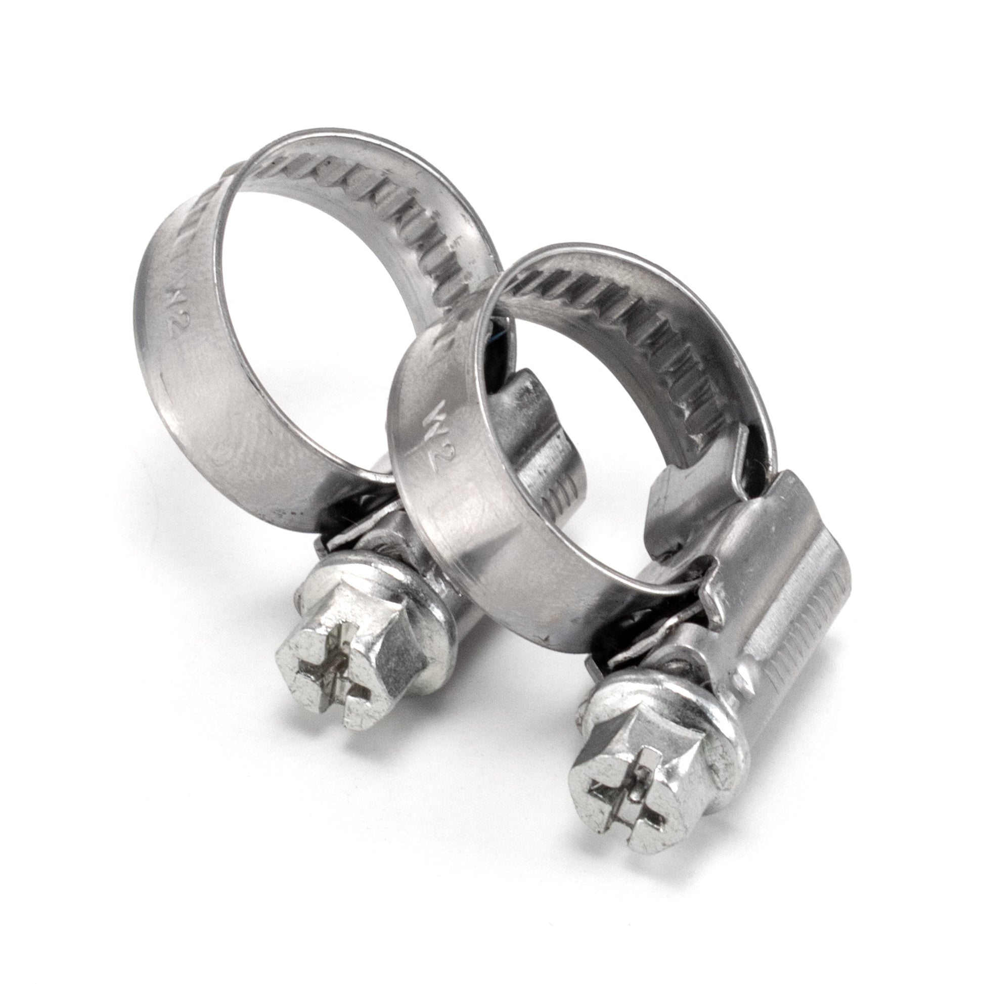 Pair of A2 hose clips, silver metal worm-drive clamps
