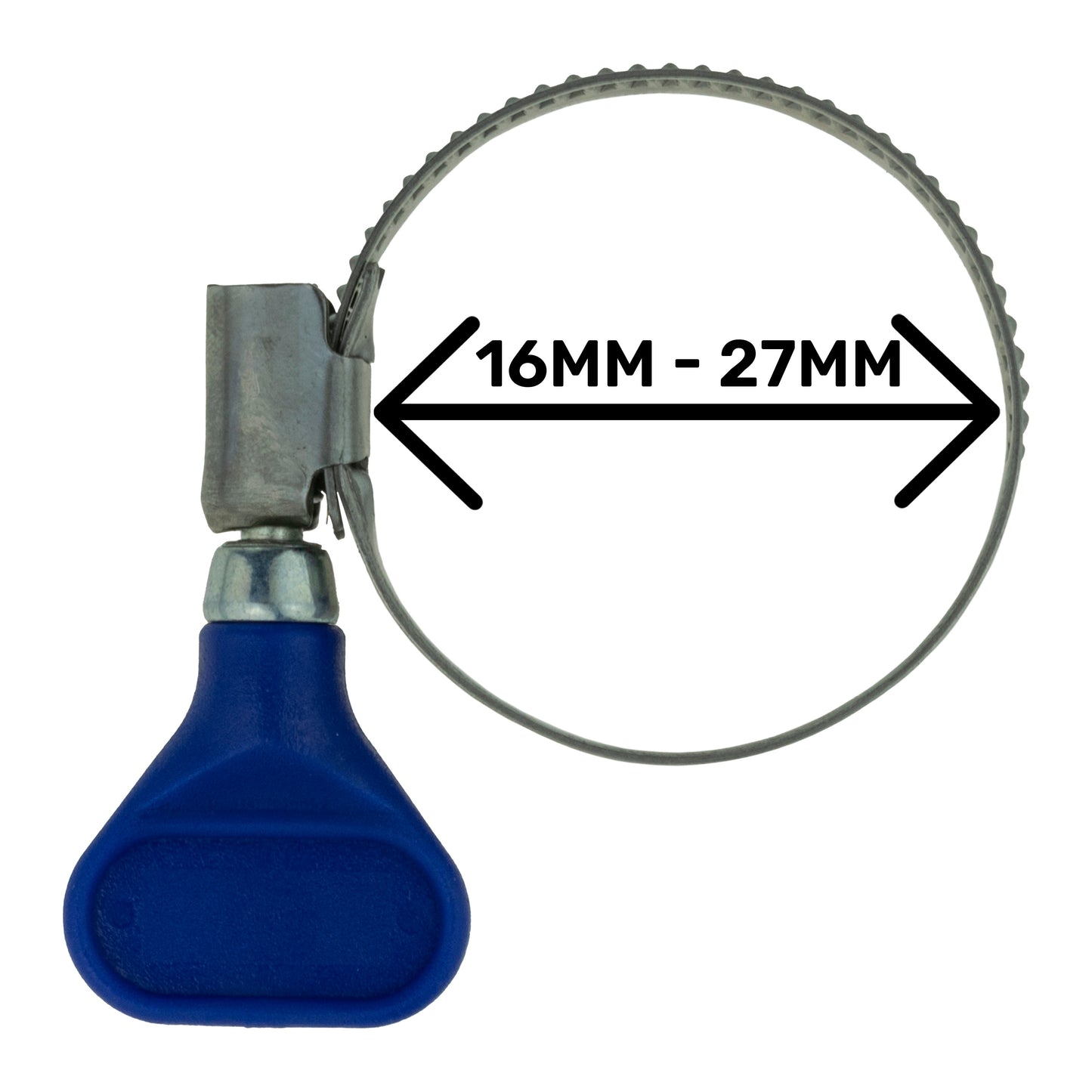 A2 Grip Hose Clip 16–27 mm, blue handle, steel clamp band