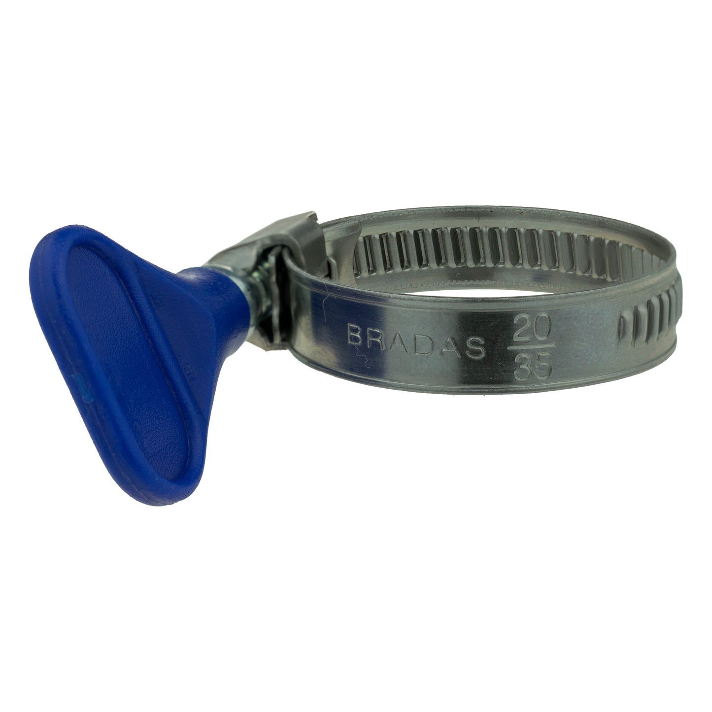 A2 Grip Hose Clip 20–35mm, blue knob, stamped metal band