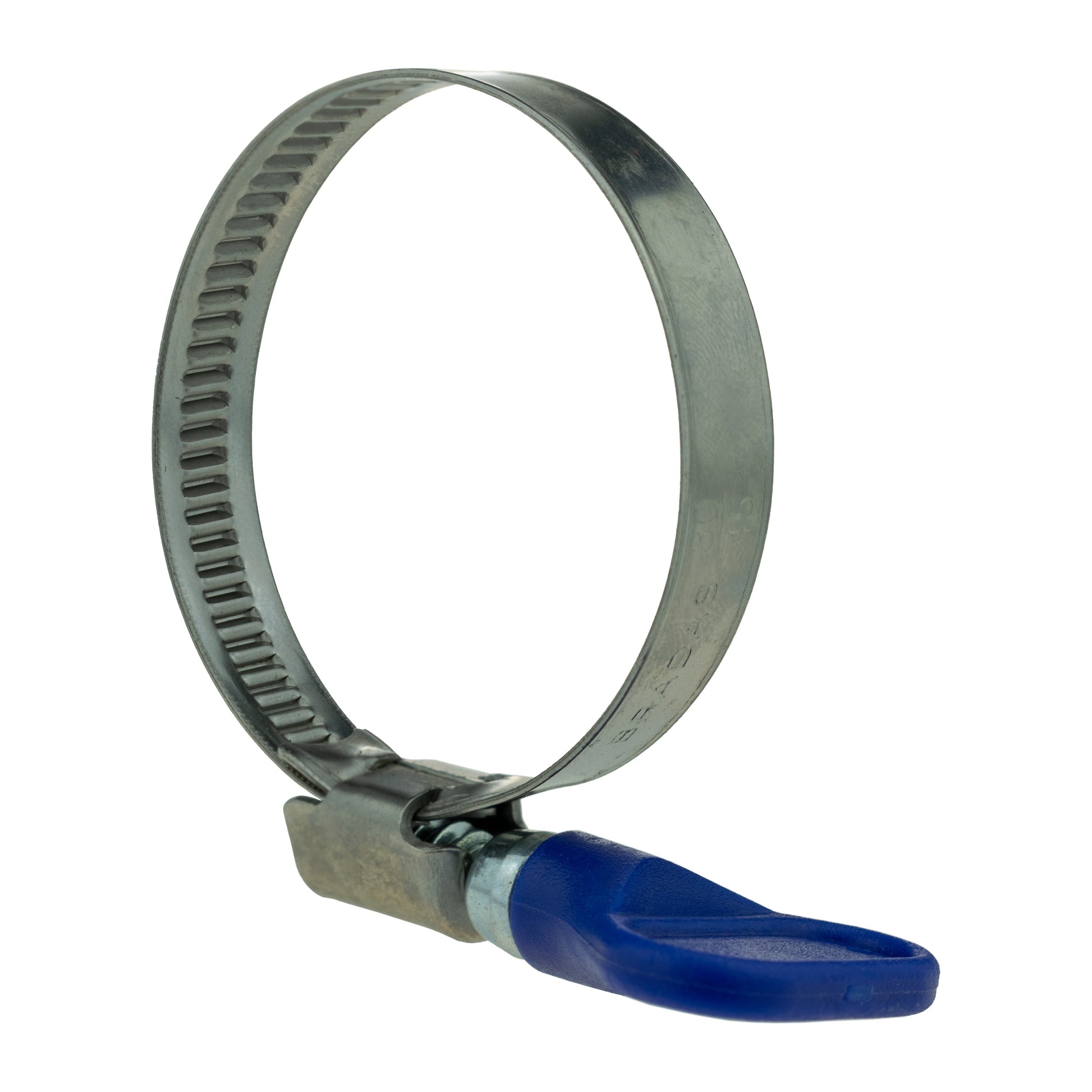 A2 grip hose clip with perforated metal band and blue grip handle