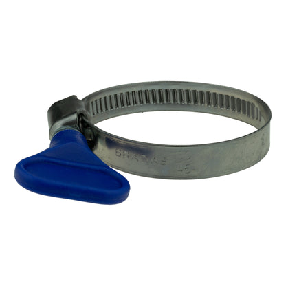 Metal hose clip band stamped 30–45 with blue grip handle and latch