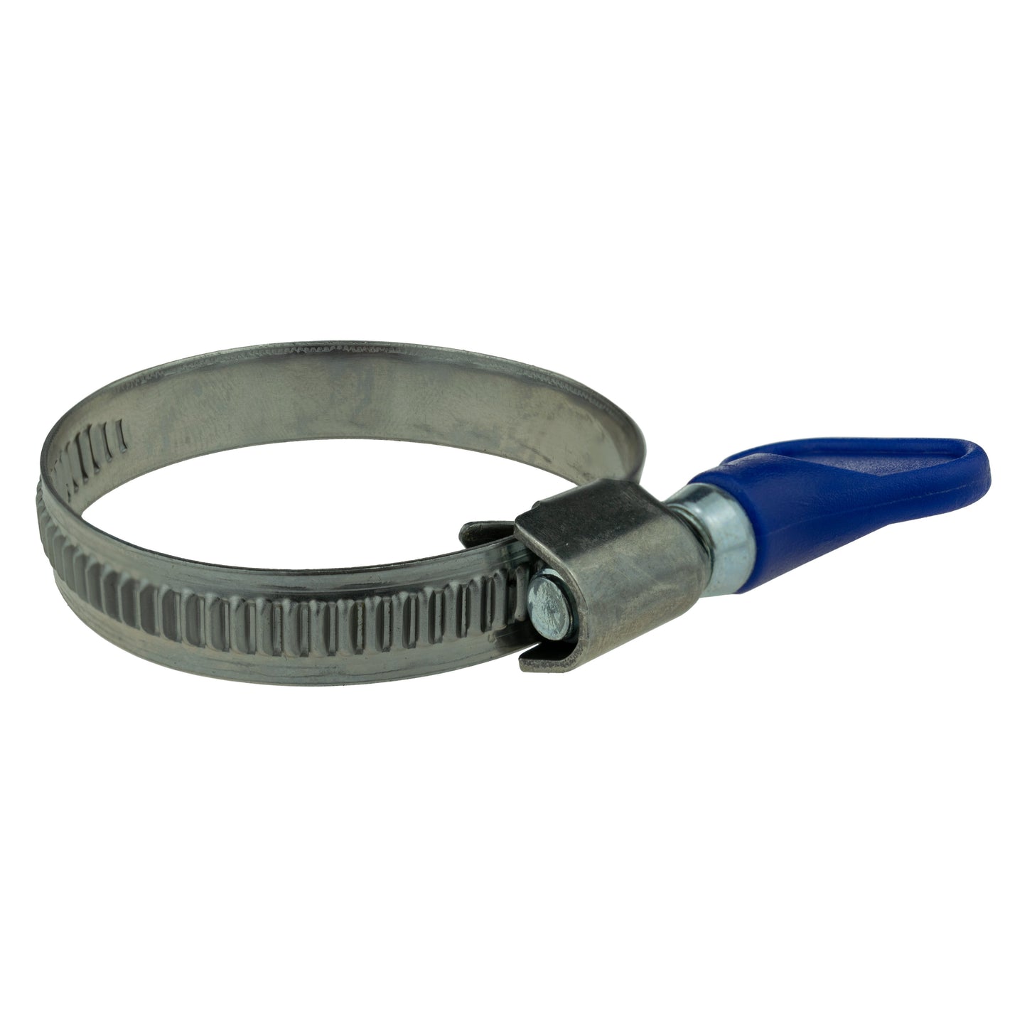 Hose clamp with perforated metal band, blue grip handle, and locking screw housing