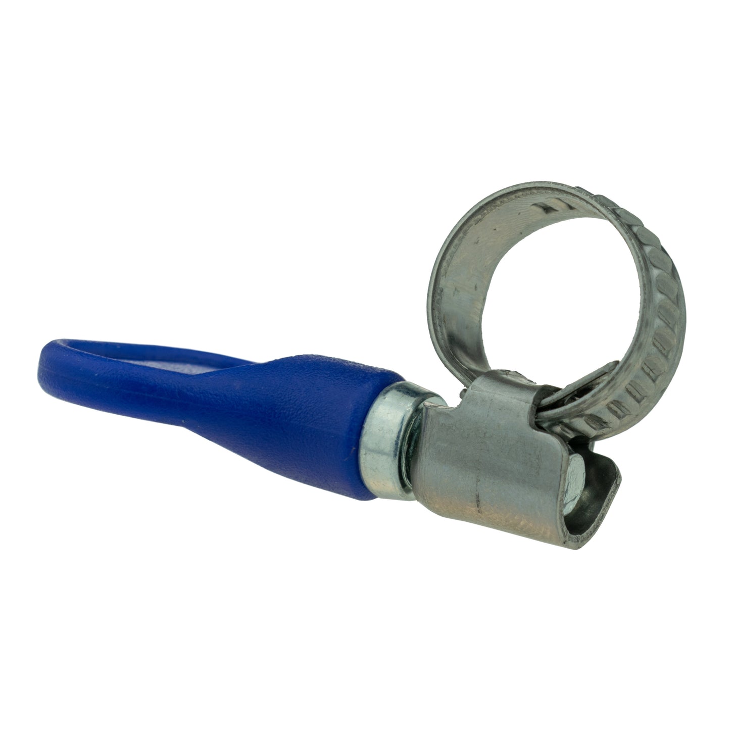 Blue-handled grip hose clip gripping a hose, 8mm–12mm