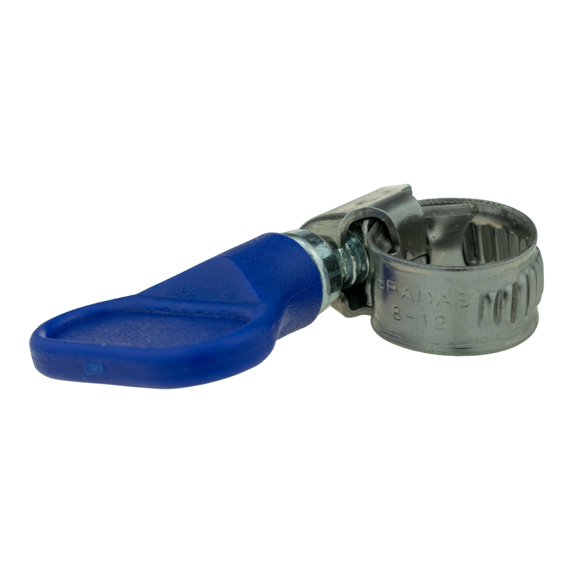 Blue hose clip with metal band and stamped size 8–12mm