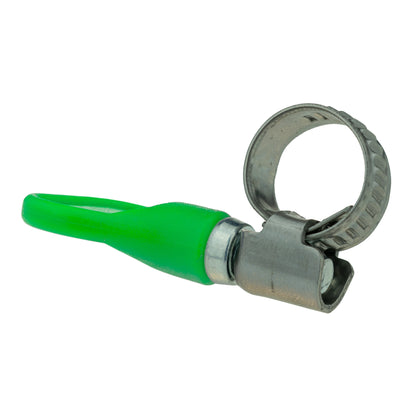 Grip hose clip on green hose with metal clamp ring, 8–12mm