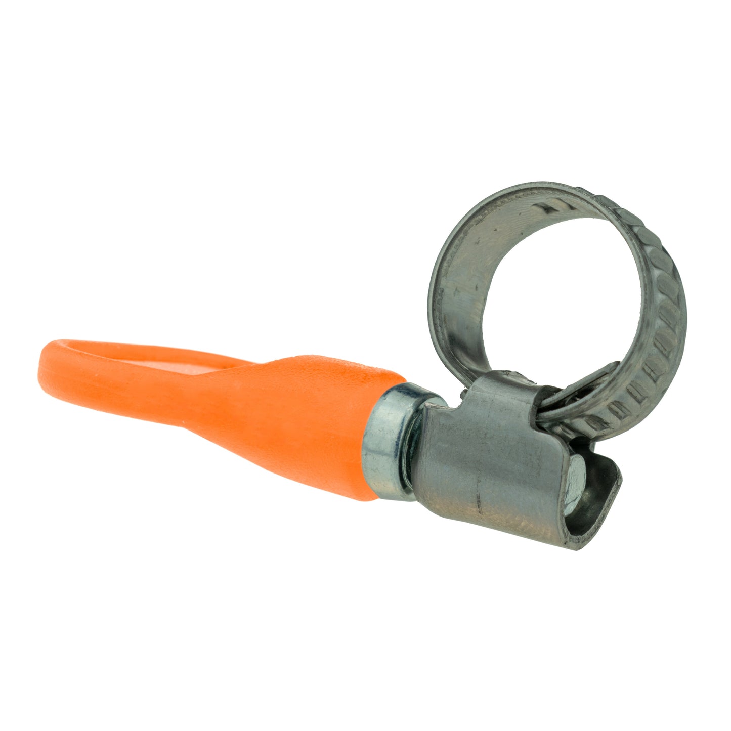 Grip hose clip on orange hose with metal clamp ring, 8–12mm