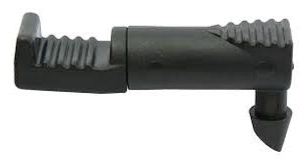 Black drip emitter with 4 mm barb inlet, ribbed ends, angled outlet