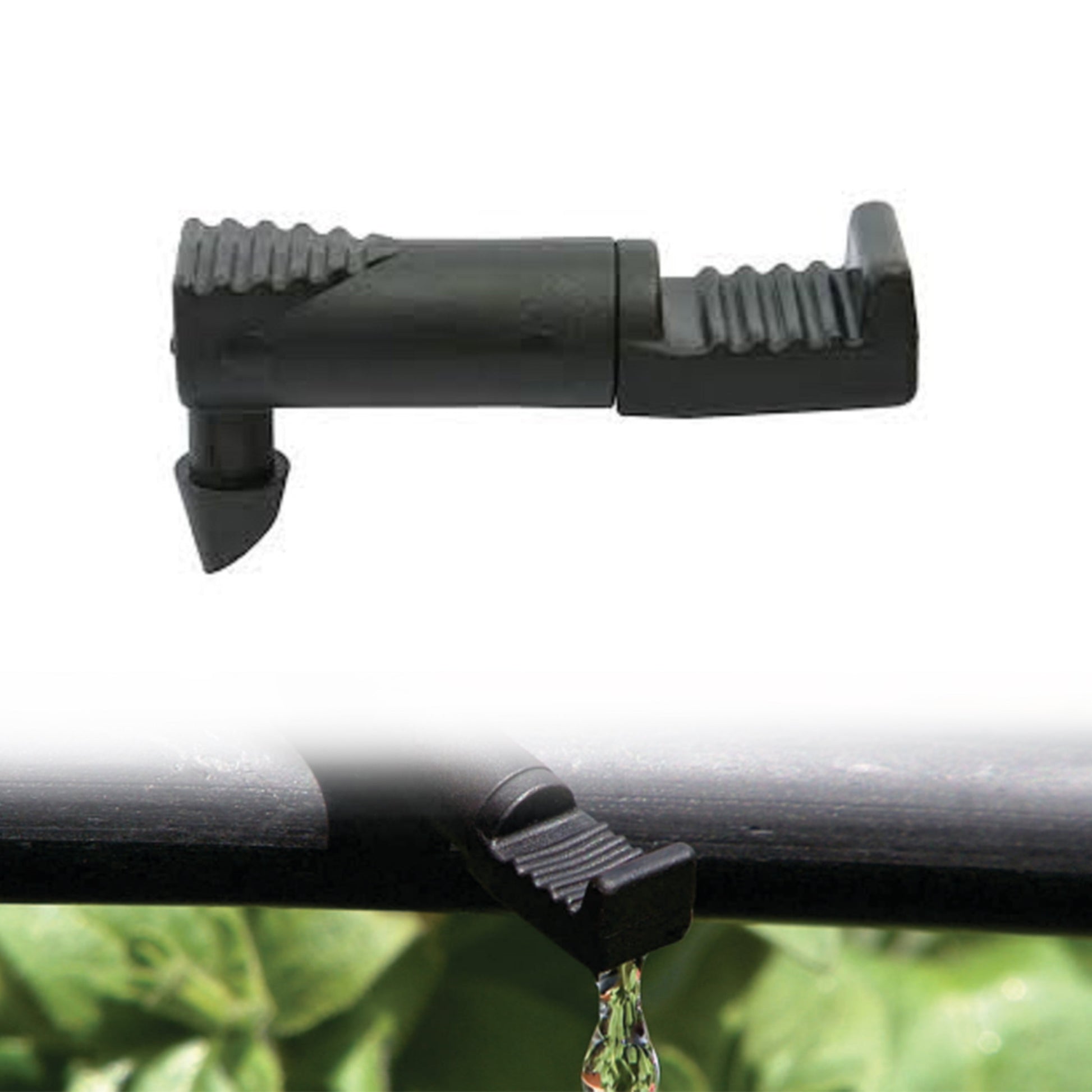 Black 4 mm barb drip emitter, side outlet with ribbed connection ends