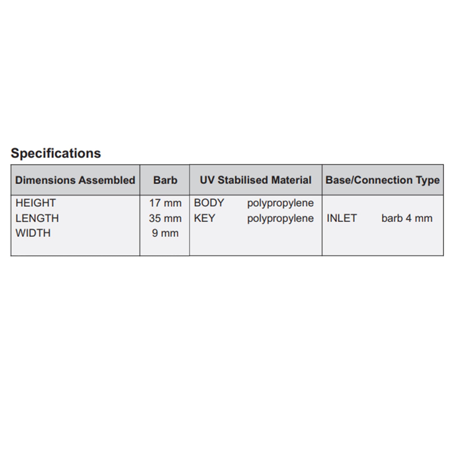 Drip emitter specifications table: inlet barb 4 mm, height 17 mm, width 9 mm