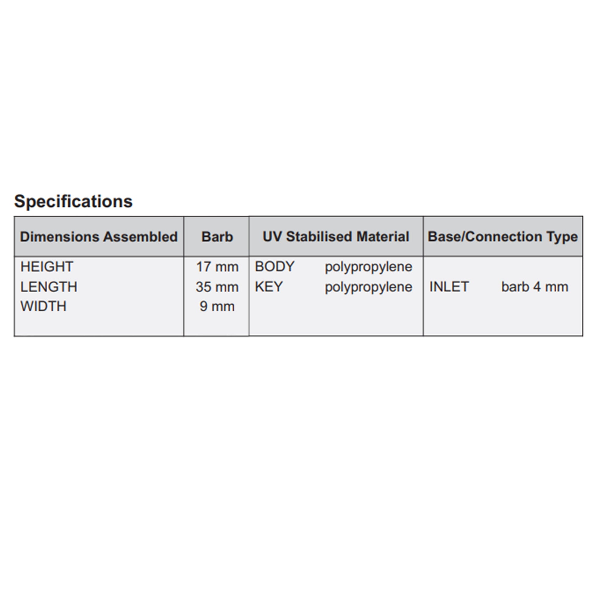 Drip emitter specifications table: inlet barb 4 mm, height 17 mm, width 9 mm