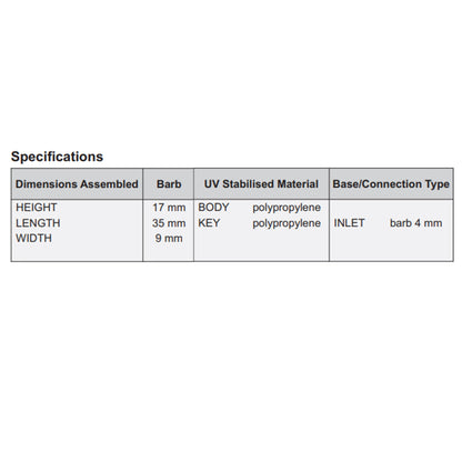 Drip emitter specifications table: inlet barb 4 mm, height 17 mm, width 9 mm