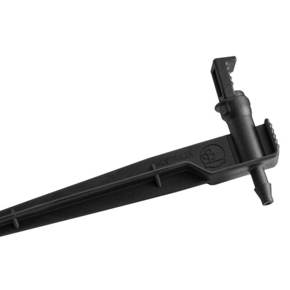 Black dripper emitter stake with molded marking and outlet connector