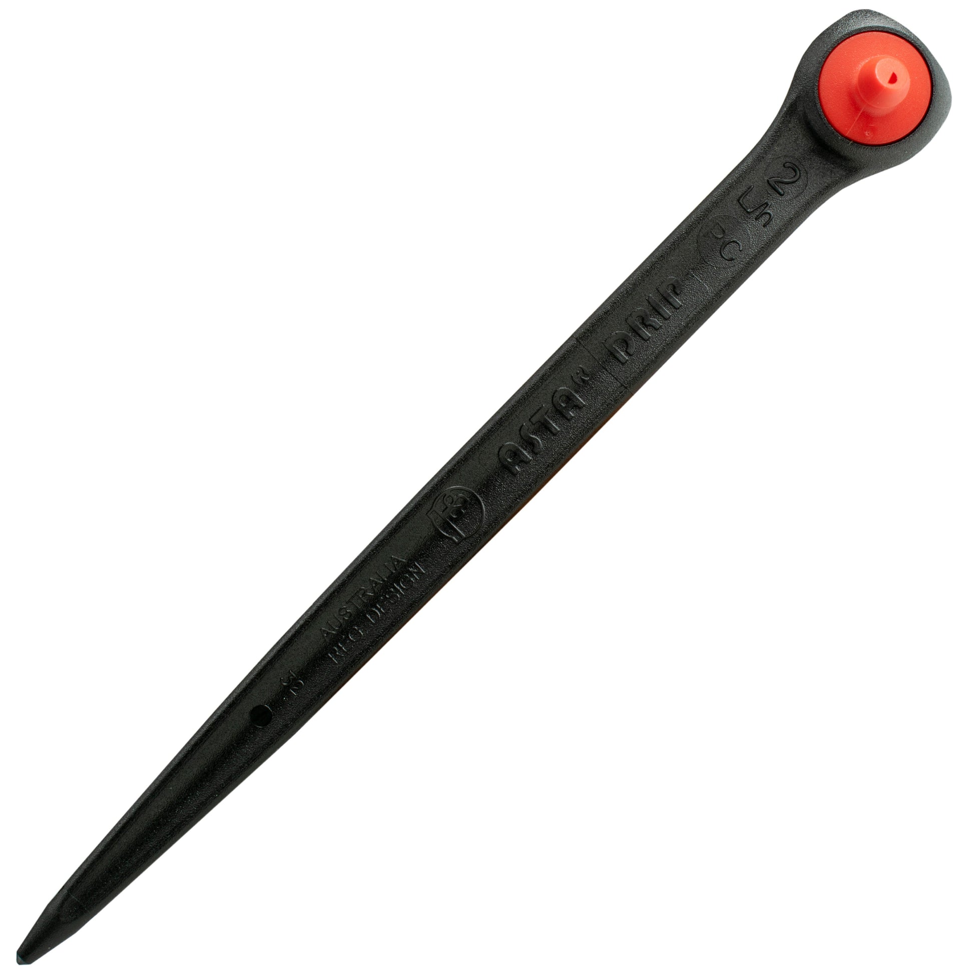 Spike dripper, side view of black body with printed flow-rate markings